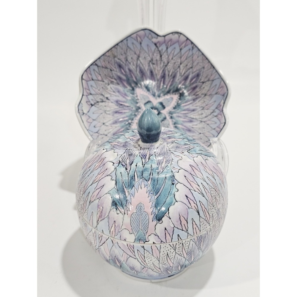 Vintage‎ Toyo China Plumage Fantasy Round Trinket Box & Matching Bowl Pastels